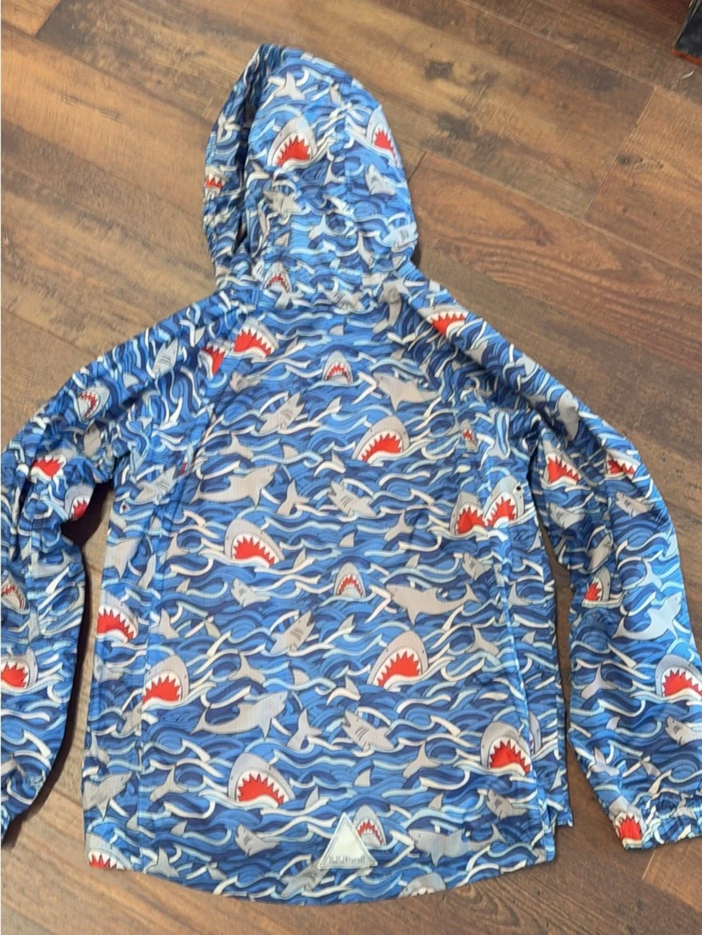 L.L. Bean Kids' Blue Shark Wave Hooded Swim Rashguard with Red Lining